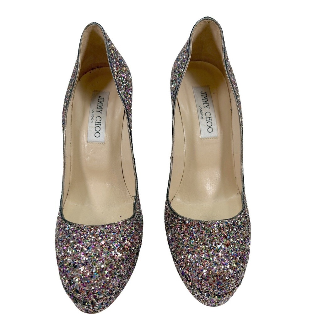 Jimmy Choo Glitter Platform Pumps Multicolor Size 38 US 7 Leather Heels - Picture 3 of 13
